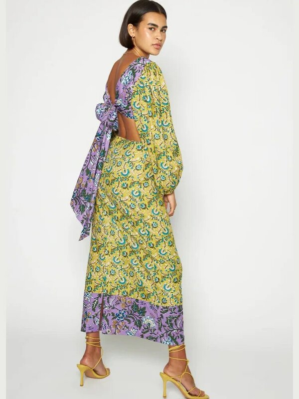 2023 gaun cetak Afrika untuk wanita musim gugur elegan Afrika lengan lentera poliester gaun Maxi pesta Dashiki pakaian Afrika