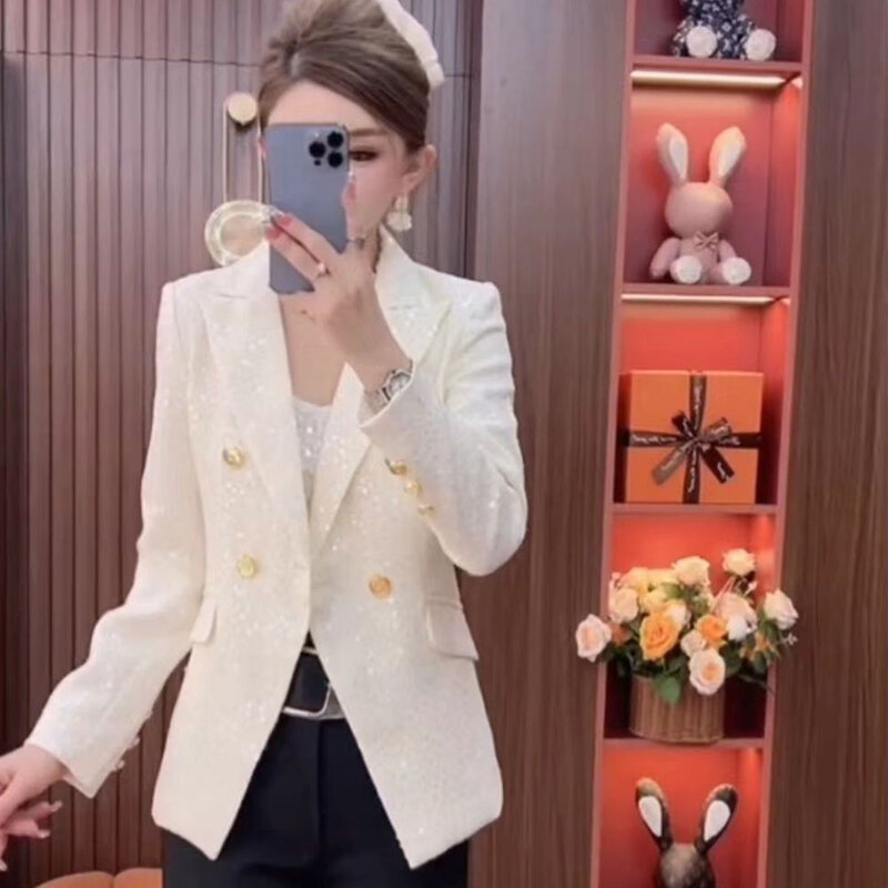 Fashion Women's Suit Jacket 2024 Spring Autumn Small Fragrant Wind Sequin Light Luxury Coat Female Long Sleeve Casual Slim Tops