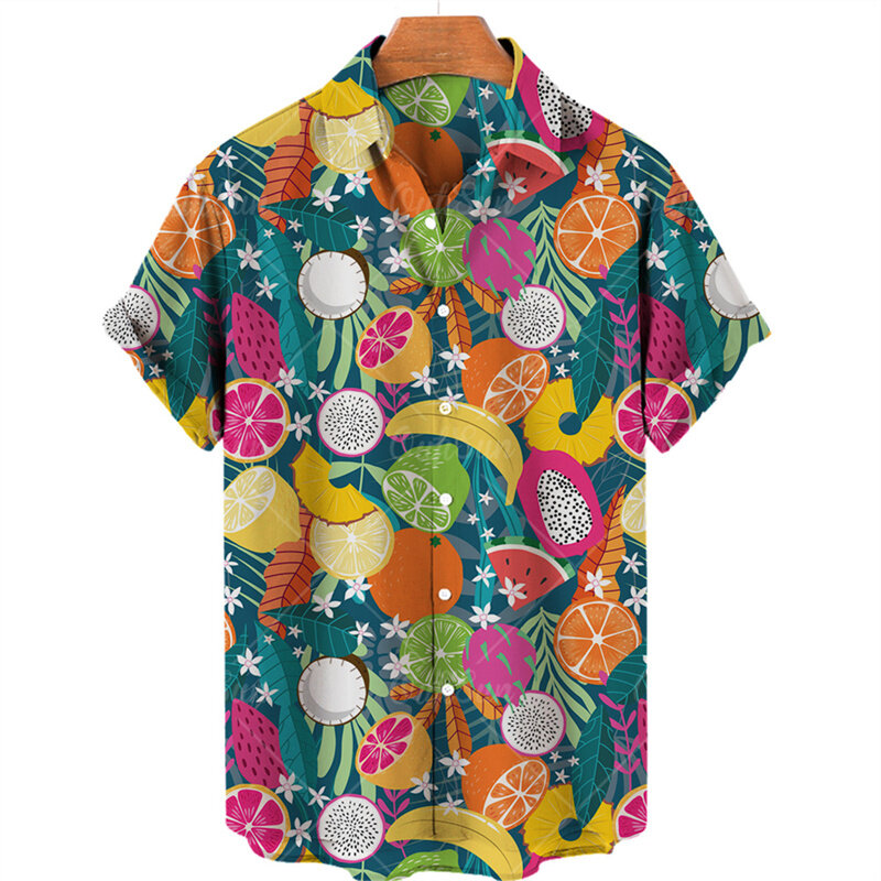 Camisas hawaianas con estampado 3d de piña y fruta para hombre, blusas de moda informales para playa, camisa de solapa de vacaciones de verano