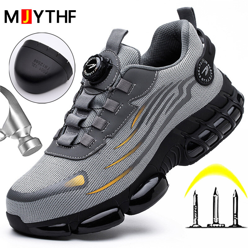 Sapatos de segurança de botão rotativo masculino, tênis à prova de perfurações, sapatos protetores, botas de aço indestrutível, marca