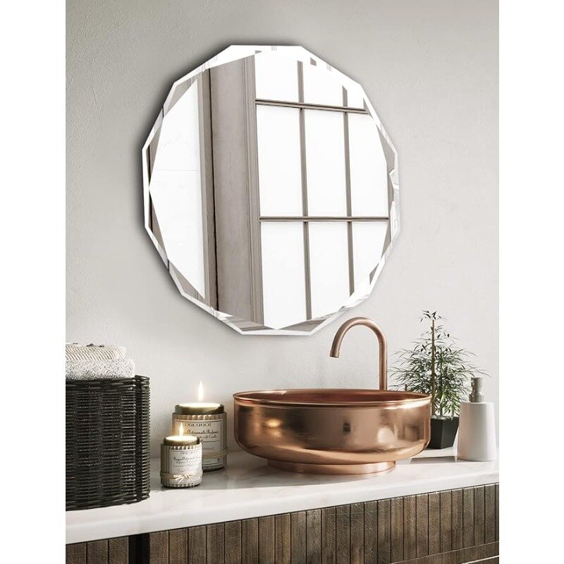 Frameless Scalloped Wall Mirror for Bathroom - Round 24'' X 24'' X 1" Beveled Edge Frameless Bathroom Mirror