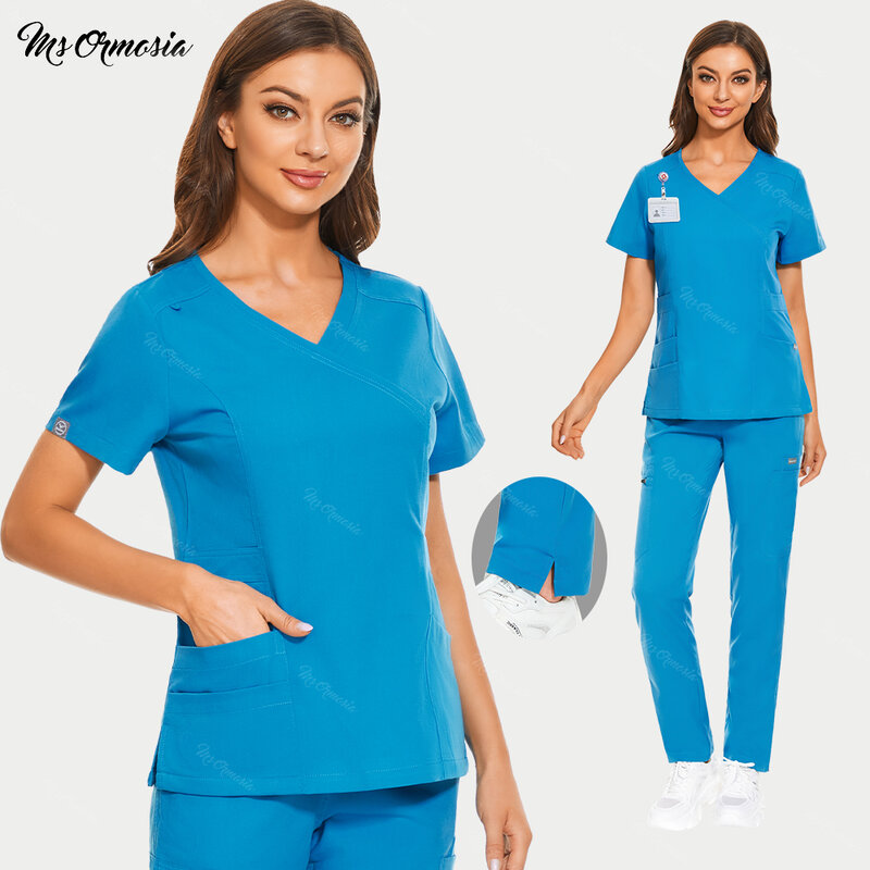 Alta qualità vendita calda ospedale infermiera uniforme molte tasche top + pantaloni dritti abbigliamento da lavoro medico donne infermieristica scrub uniformi Set