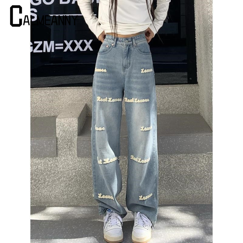 Корейские модные женские джинсы Y2K, вышитые джинсы с высокой талией, трендовые прямые мешковатые брюки с надписью, уличная одежда, джинсовые брюки
