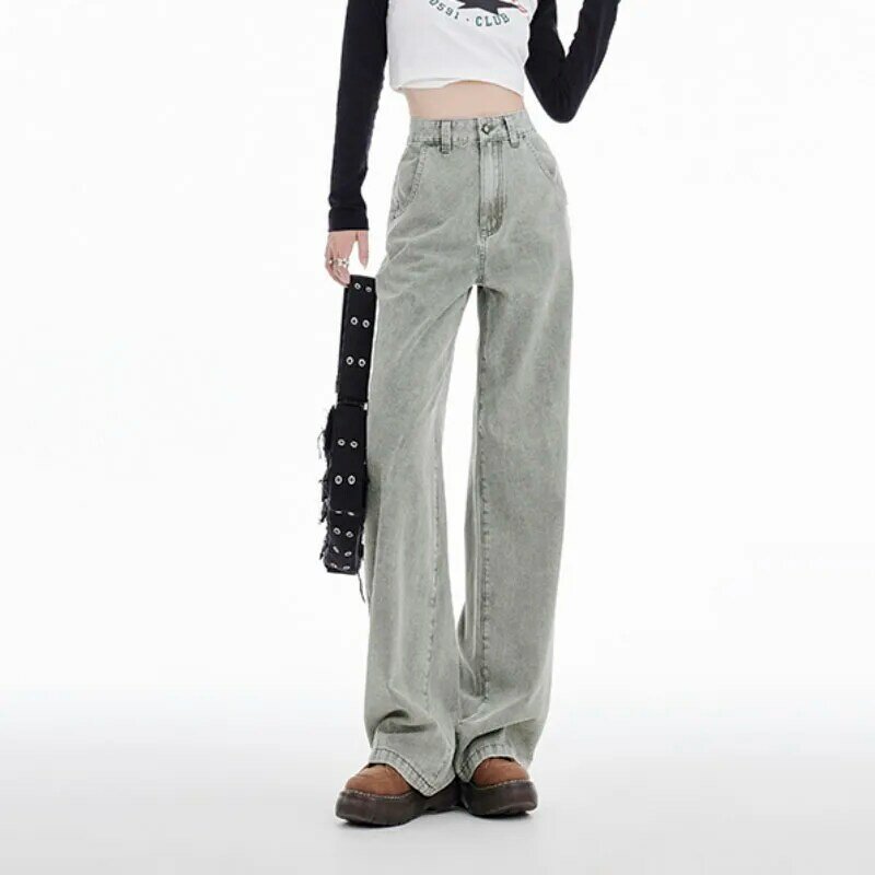 กางเกงยีนส์เอวสูงสไตล์สตรีท Y2K กางเกงขาตรงขากางเกงสำหรับงานปาร์ตี้แนวฮิปฮอปกางเกงขอบยางยืดชิค