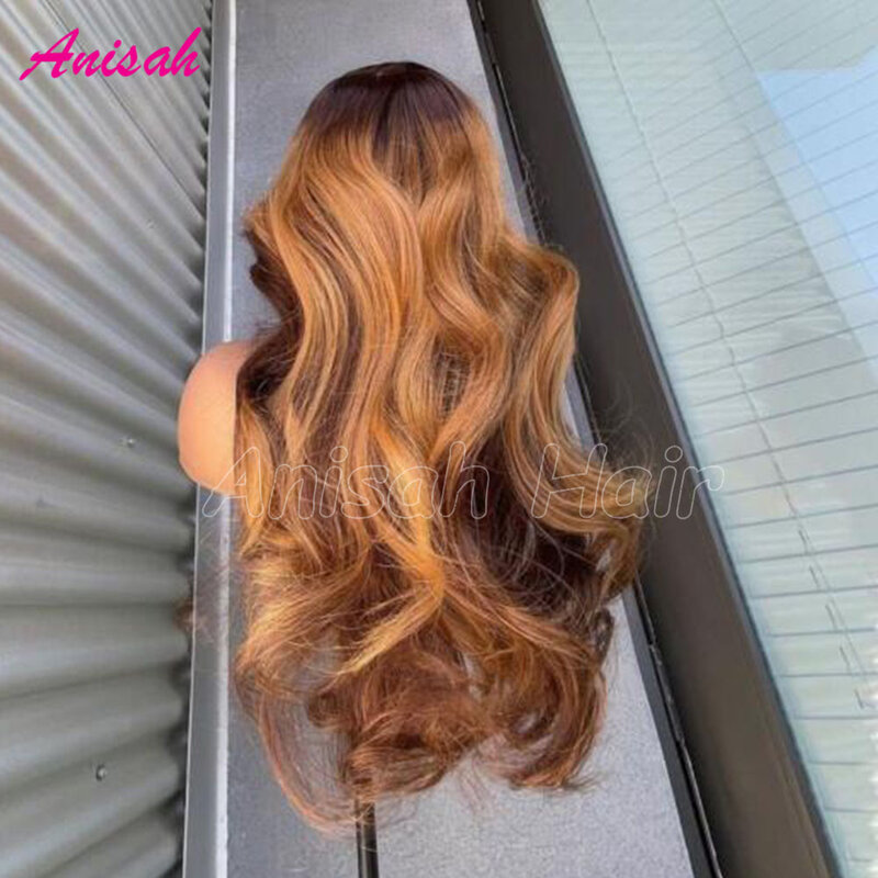 Wavy 13x4 Ombre Highlight HD Transparent Lace Frontal Wigs Raw Hair Colored Wigs Glueless Lace Front Human Hair Wigs for Women