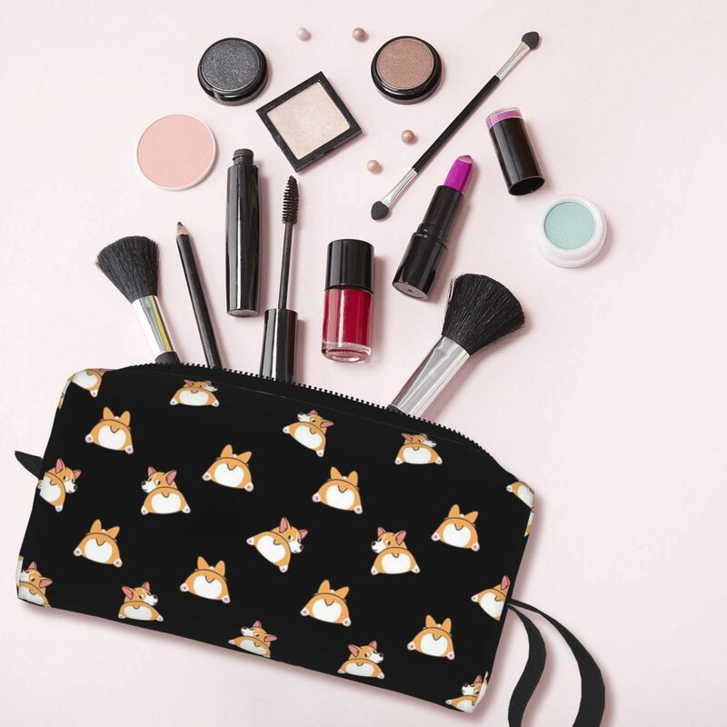 Funny Cute Corgi Butt Pattern Dark Makeup Bag Cosmetic Organizer Dopp Kit Toiletry Cosmetic Bag for Women Beauty Pencil Case