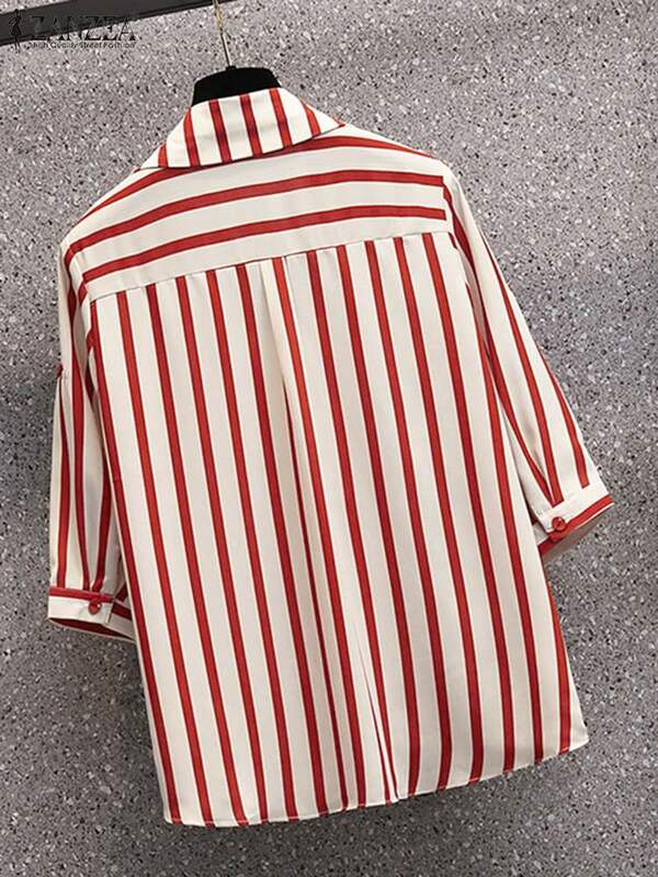 ZANZEA Stylowe koszule damskie z marszczonym dołem 2024 Moda Casual Lapel Neck Half Sleeve Striped Chemise Elegant Button Up Tops Tunic