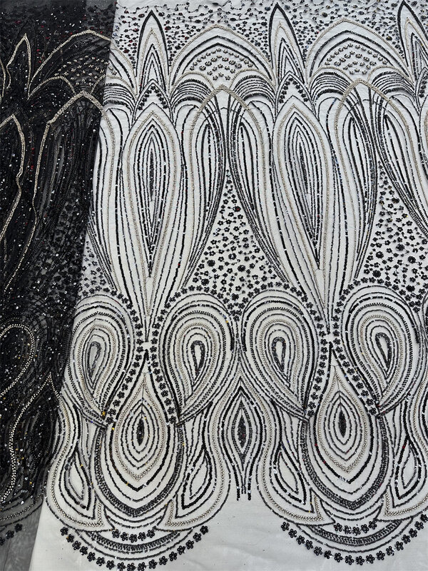 Черная африканская кружевная ткань 2024, высокое качество, французские бусины, Роскошные Блестки, сетчатая кружевная ткань для свадебного платья