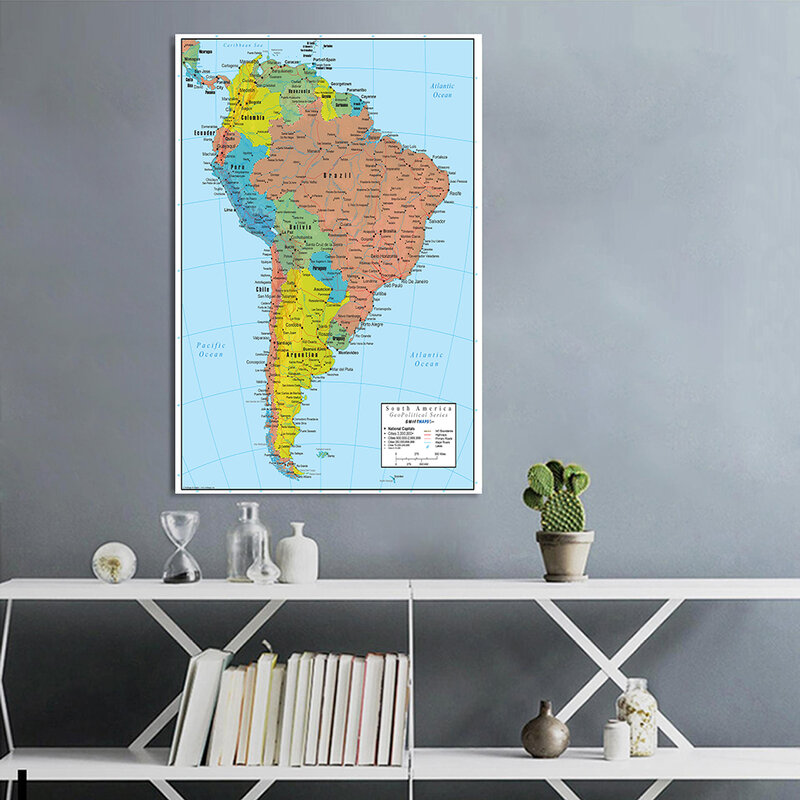 100*150cm The South America Political Map Spray Canvas Painting Wall Art Poster Living Room Home Decor Children School Supplies