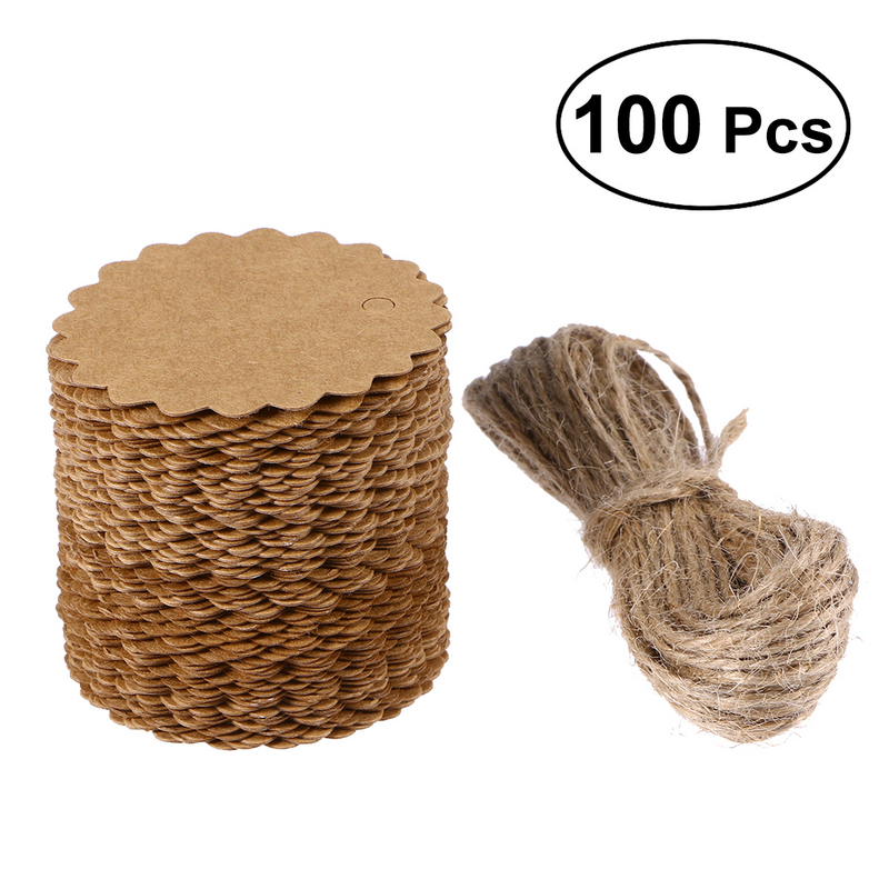 60mm Round Scalloped Kraft Paper Card / Gift Tag / DIY Tag / Luggage Tag / Price Label With 10M Jute Twine (Brown)