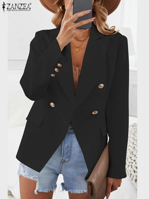 ZANZEA-blazer de manga comprida para mulheres, casaco elegante, gola lapela, casacos com botões, streetwear monocromático, moda sexy, outono, 2023