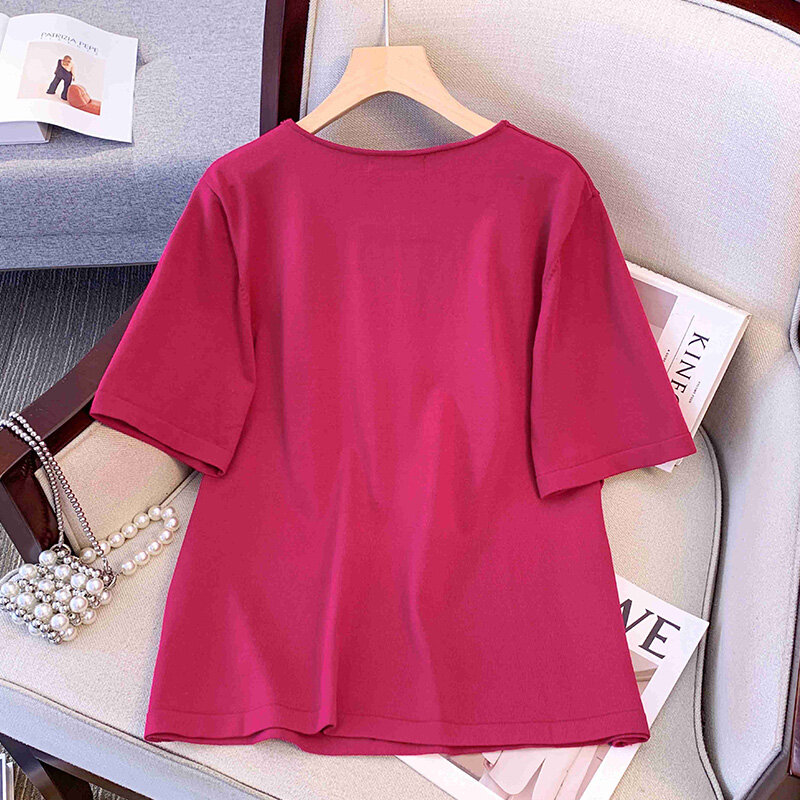 Plus size, chubby mm pear shaped body, oversized women's summer belly covering, high-end short sleeved V-neck T-shirt 9166