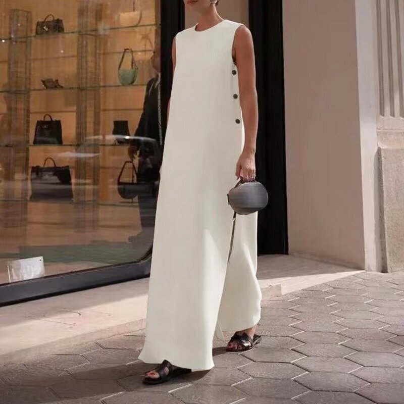 2024 Summer Elegant Loose Maxi Dress Women Solid O-Neck Sleeveless Button Split Dresses Female Beach Vacation Party Vestidos