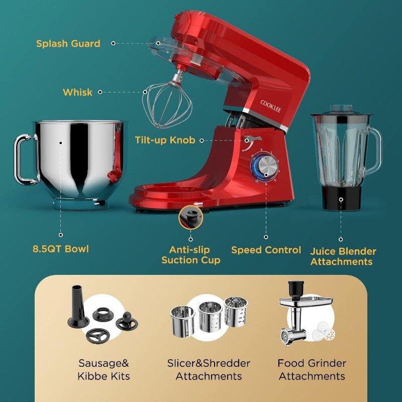 COOKLEE-6-in-1 Stand Mixer, 8,5 Qt. Multifuncional elétrica Kitchen Mixer, 9 acessórios para a maioria dos cozinheiros domésticos, SM-1507BM