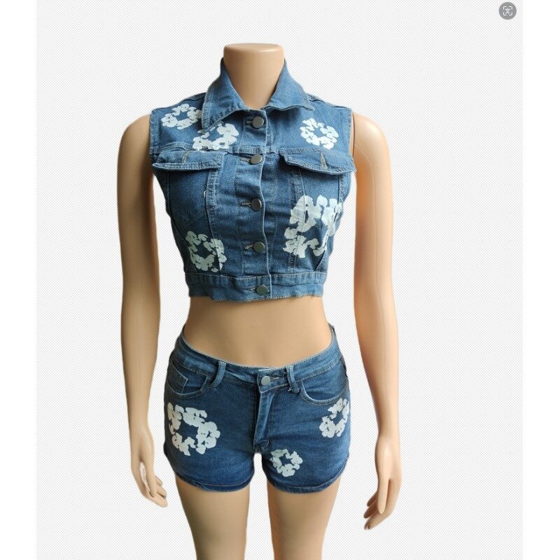 2024 Summer Print Slim Denim 2 Piece Set Women Sleeveless Single Breasted Crop Top Button Zipper Skinny Shorts Casual Streetwear