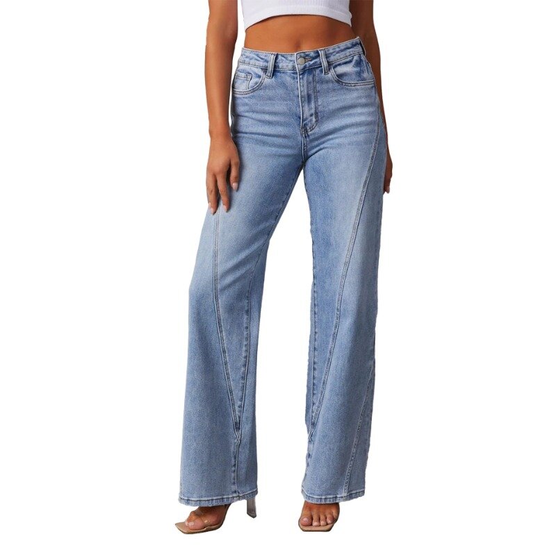 A Retro Washed Wide Leg Pants Women Summer Patchwork High Waisted Slimming Casual Loose Women Jeans
