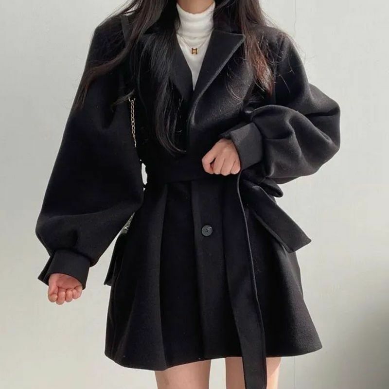 Wełniany płaszcz damski jesienno-zimowy elegancki koreański jednolity, gruby ciepły pas z klapami do połowy długości kurtka biurowa damska Slim modna odzież wierzchnia
