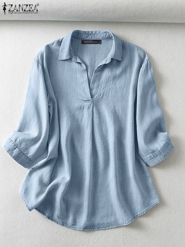 ZANZEA-Blusa de manga 3/4 con cuello en V para mujer, camisa azul vaquera elegante, Tops de trabajo OL sólidos, Blusas informales holgadas de gran tamaño para oficina