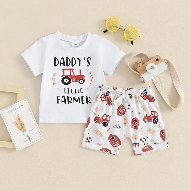 Infant Toddler Baby Boy Farm Letter Short Sleeve T Shirt and Shorts Summer Outfit Cute Clothes Sets