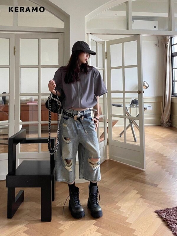 2024 Spring Vintage Harajuku Y2K Loose Shorts Hollow Out Blue Jeans Women's Wide Leg Trashy Style Baggy Ripped Denim Trouser