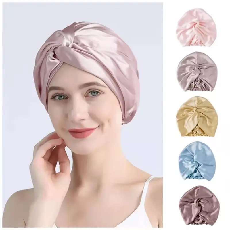 100桑シルクターバンボンネット女性ツイスト睡眠ナイトキャップ19匁純粋な絹髪ラップキャップカーリーレディースheadwrap