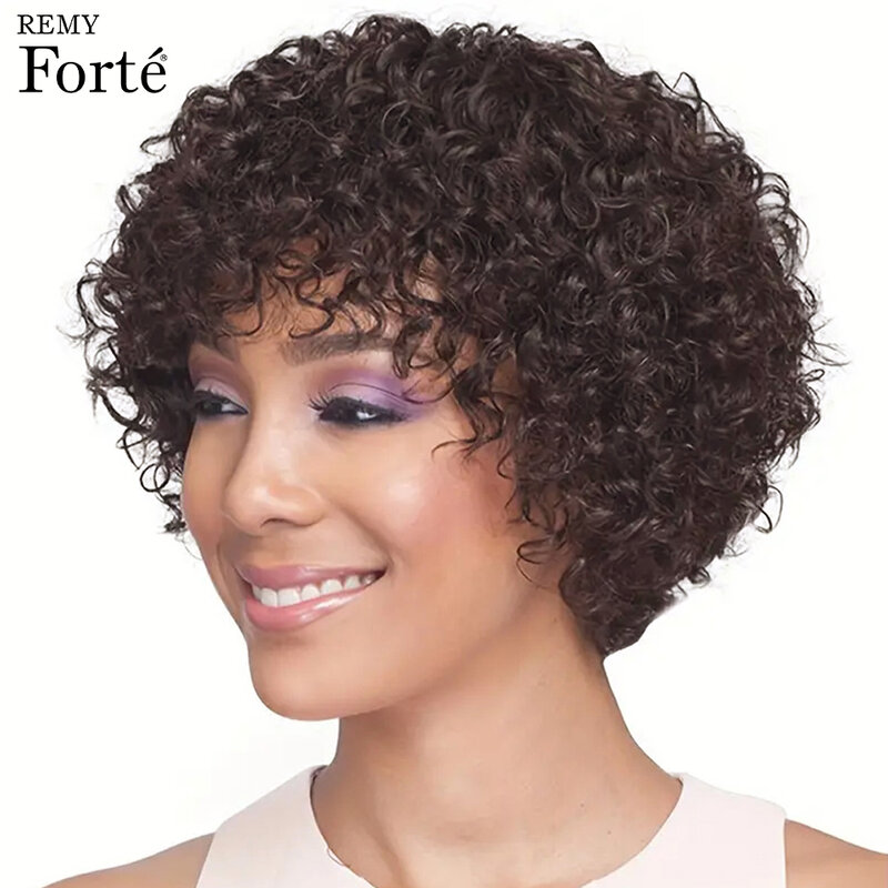Remy Forte-Peluca de cabello humano rizado para mujer, postizo de corte Pixie corto, barato, máquina completa, Afro