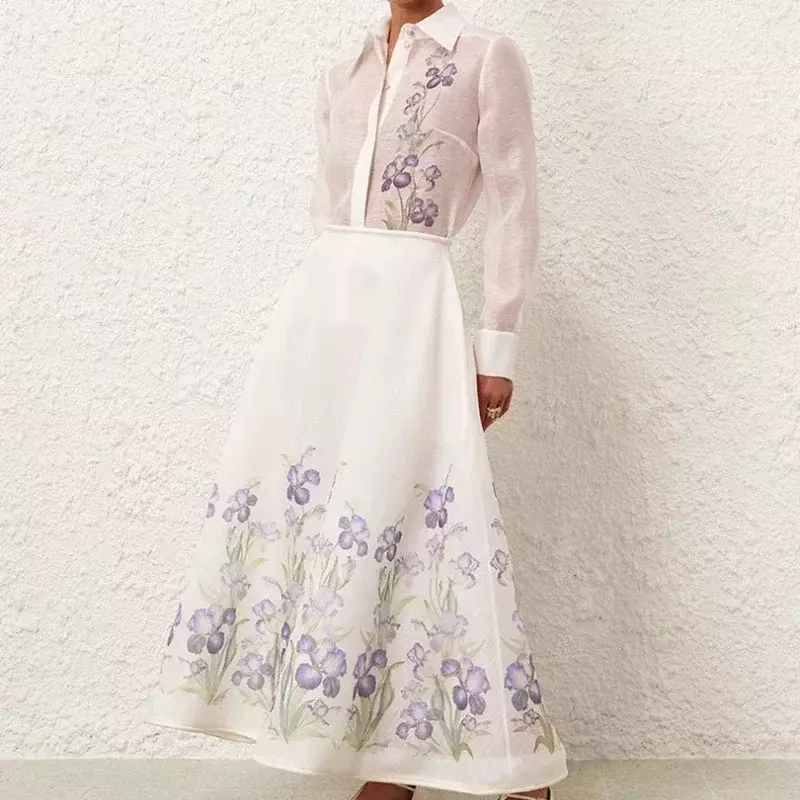 Elegante lino di seta bianco blu stampa floreale camicetta a maniche lunghe gonna Midi a vita alta 2024 nuova qualità superiore