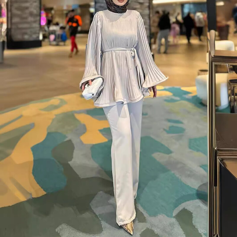 2024 A Dubai setelan kasual modis Timur Tengah warna Solid lipit longgar atasan celana pinggang elastis 2 potong wanita