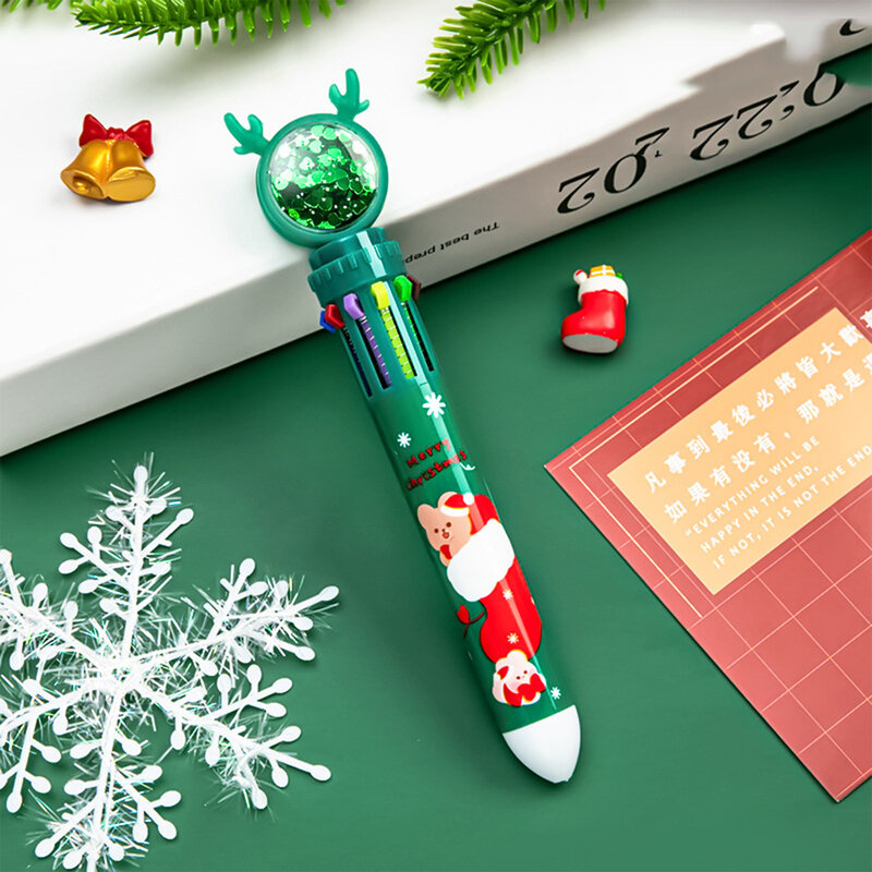 Stylo à bille baril de dessin animé de Noël pour étudiants, stylos multicolores durables, fournitures scolaires de bureau, 10 en 1