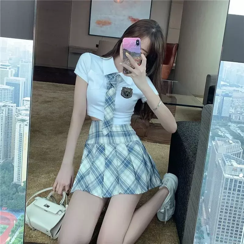 Harajuku Mode Studente Meisje 2 Stuk Japanse Jk Outfits Slank Gebonden Wit Shirt Top & Hoge Taille Geruite Mini Rok 2Pc Jurk Pakken