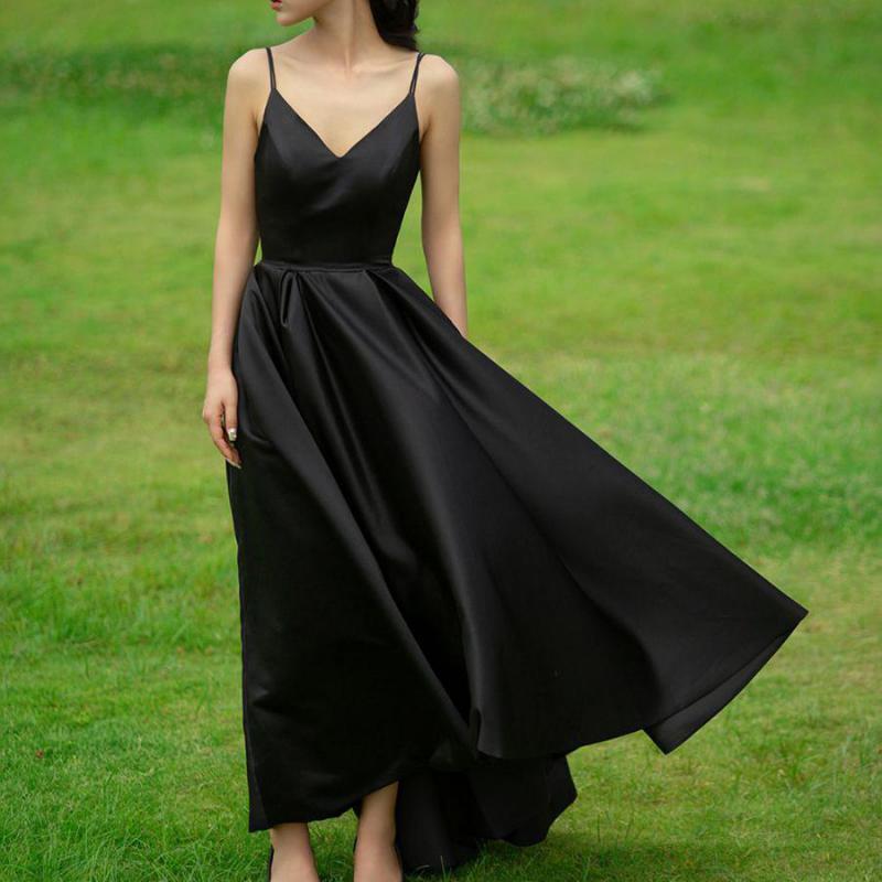 فستان سهرة بدون ظهر مع أشرطة السباغيتي ، مثير الخامس الرقبة ، فساتين طويلة سوداء ، الساتان ، موضة بسيطة ، جديدة