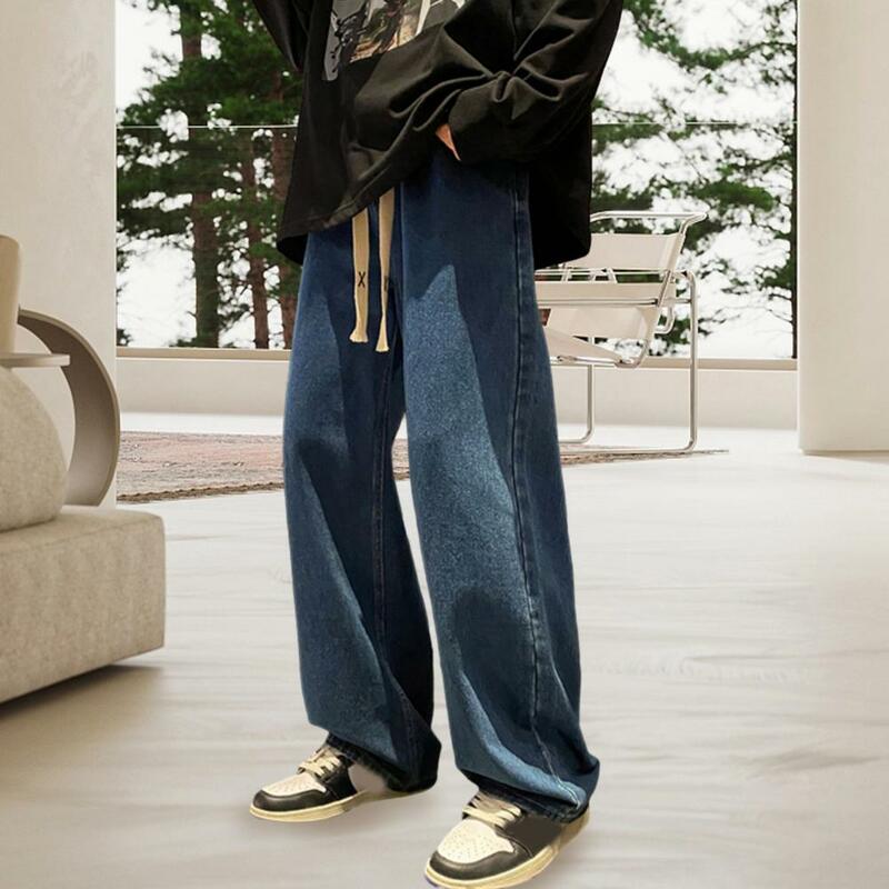 Mid-rise Drawstring Men Jeans Multiple Pockets Solid Color Thin Hip Hop Straight Wide Leg Denim Pants Streetwear