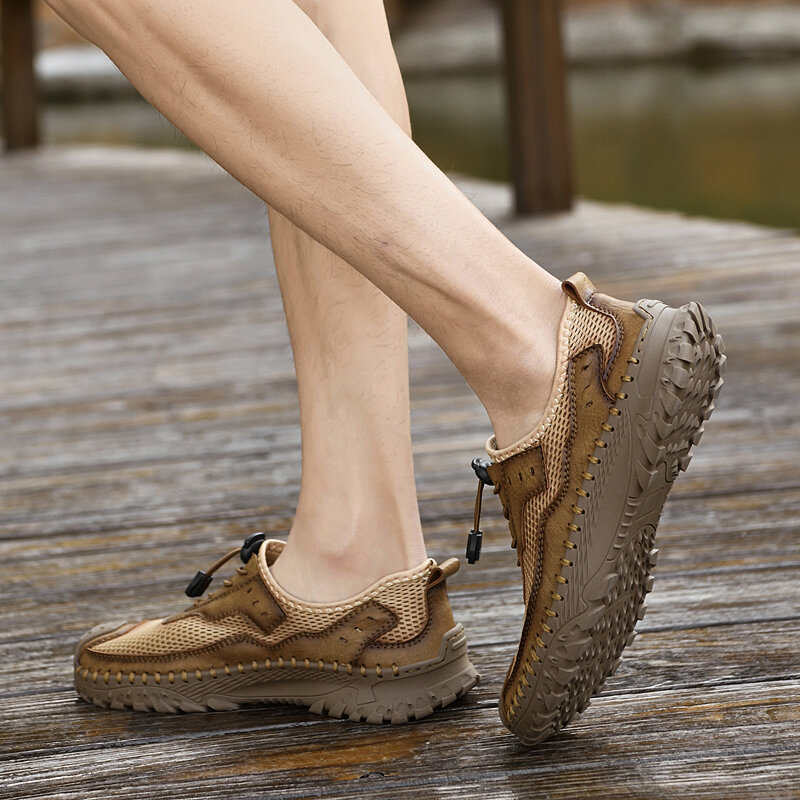 Sapatos de couro genuíno para homens para caminhadas ao ar livre, malha respirável, elástico, tênis casuais, sapatos pernalta, nova moda, 2023