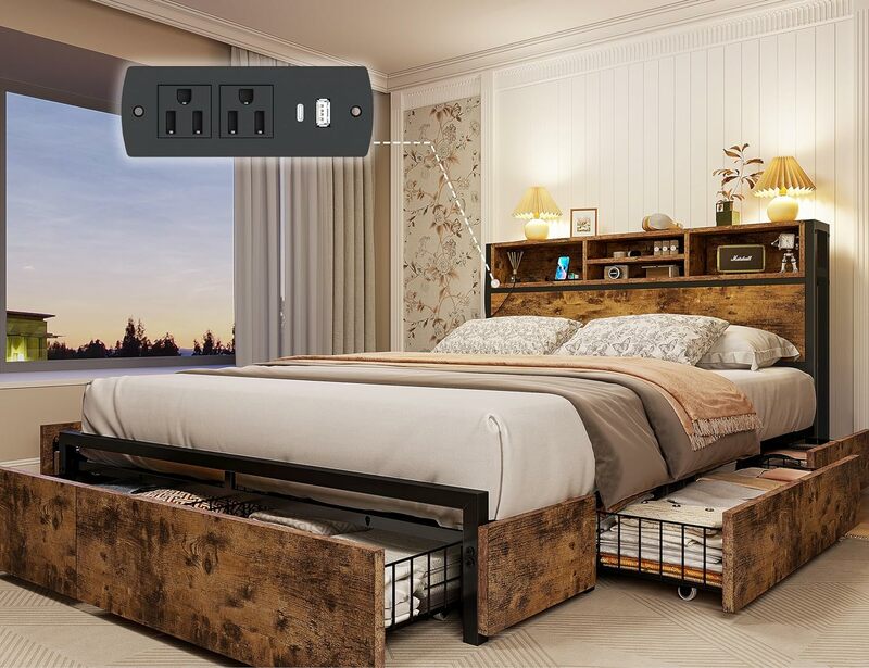 Pełna rama łóżka z 6 szufladami do przechowywania z zagłówkiem, stacja ładująca Pełna rama łóżka z miejscem do przechowywania bez hałasu, bez potrzeby stosowania sprężyn skrzynkowych