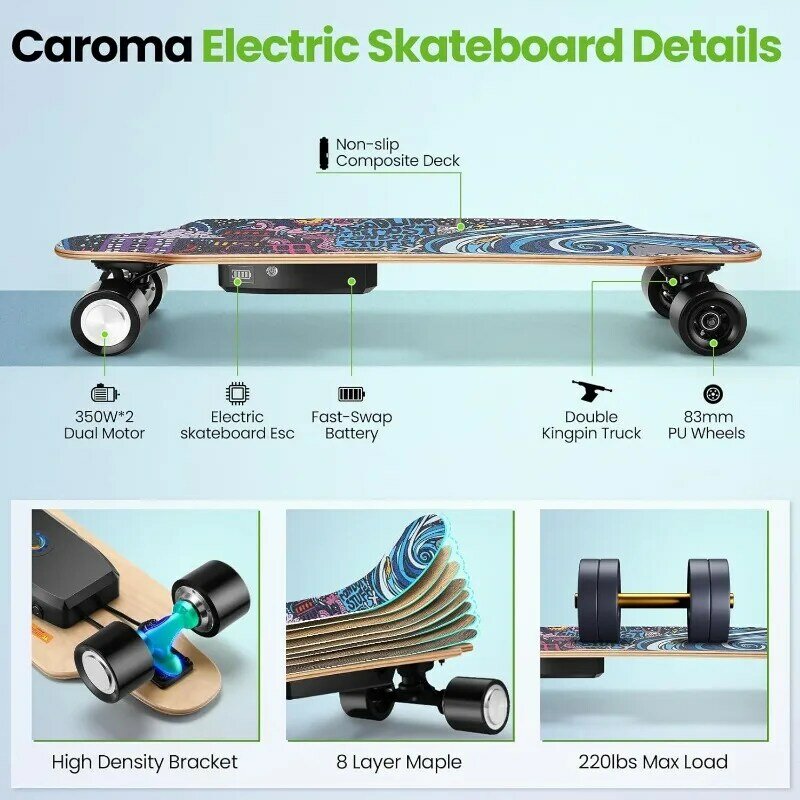 Caroma Electric Skateboards for Adults, 700W Brushless Motor, 18.6MPH Top Speed, 12 Miles Max Range, 3 Speed Modes