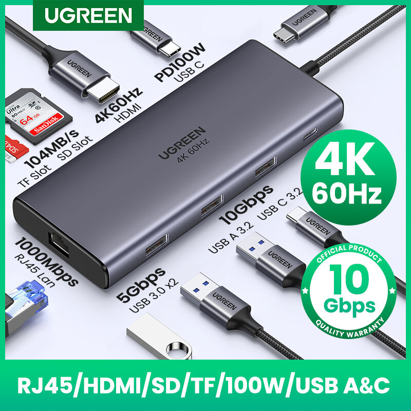 UGREEN USB C 허브, 맥북 아이패드 프로 에어 M2 M1, 삼상 PC 액세서리 허브용, 10Gbps, C타입-HDMI2.0 RJ45 PD 100W 어댑터, 4K 60Hz