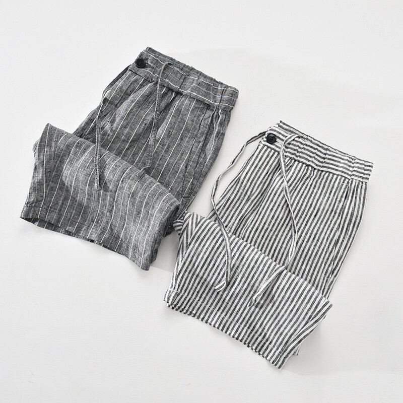 Шорты мужские в полоску, льняные повседневные короткие штаны в японском стиле, на пуговицах, с поясом на резинке, лето 2022