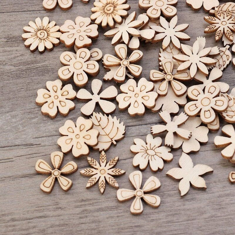 100Pcs Wood Discs Slices Flower Shape Unfinished Wooden Cutouts Craft DIY Decoration