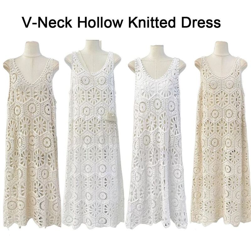 Cotton Hollow Knitted Dress Fashion Sleeveless V-Neck Cardigan Dress Hip-Covering Sexy Cover Up Shirt Summer