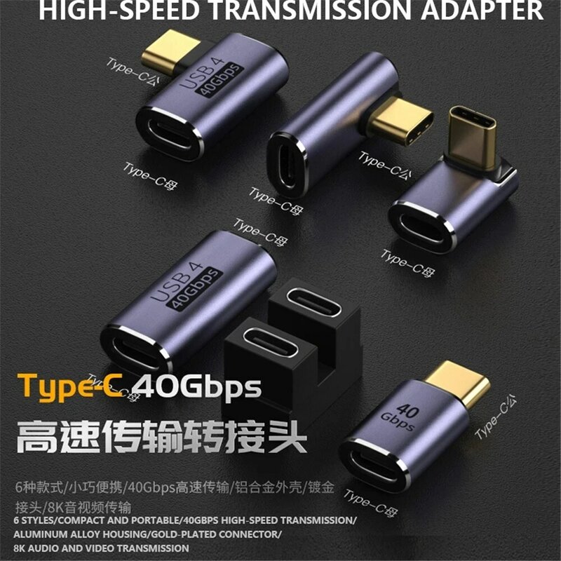 Adaptor USB C 4.0 Adaptor Pengisi Daya Sudut Lurus Bentuk U Tipe C Betina Ke Tipe C Jantan 40Gbps Konverter Adaptor Data Cepat 100W