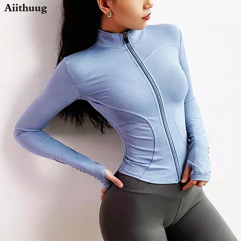 Aiithuug-chaquetas ligeras ajustadas para mujer, chaqueta deportiva con cremallera completa para Yoga, correr, con agujeros para el pulgar para entrenamiento