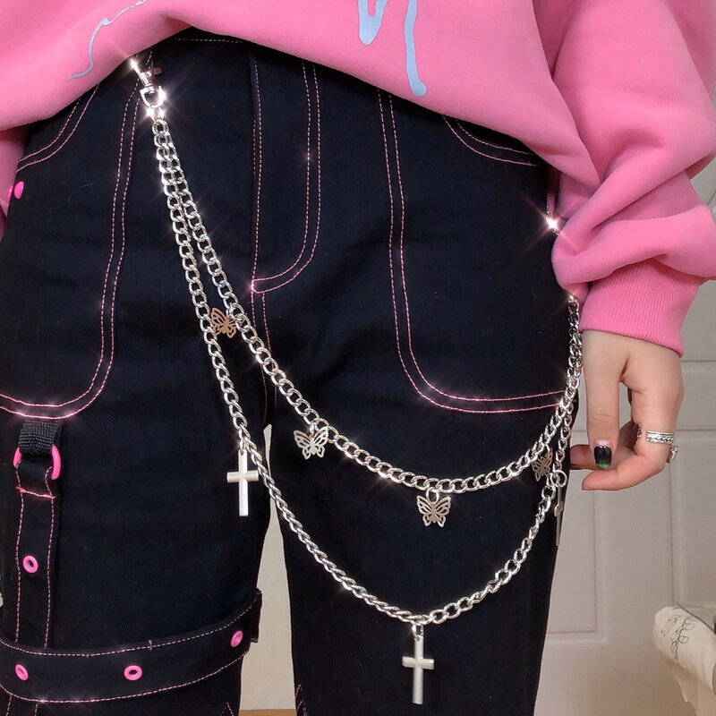 Spodnie biżuteria długi krzyż Hip Hop srebrny kolor łańcuszek spodnie pasek dwuwarstwowy łańcuszek na brzuch