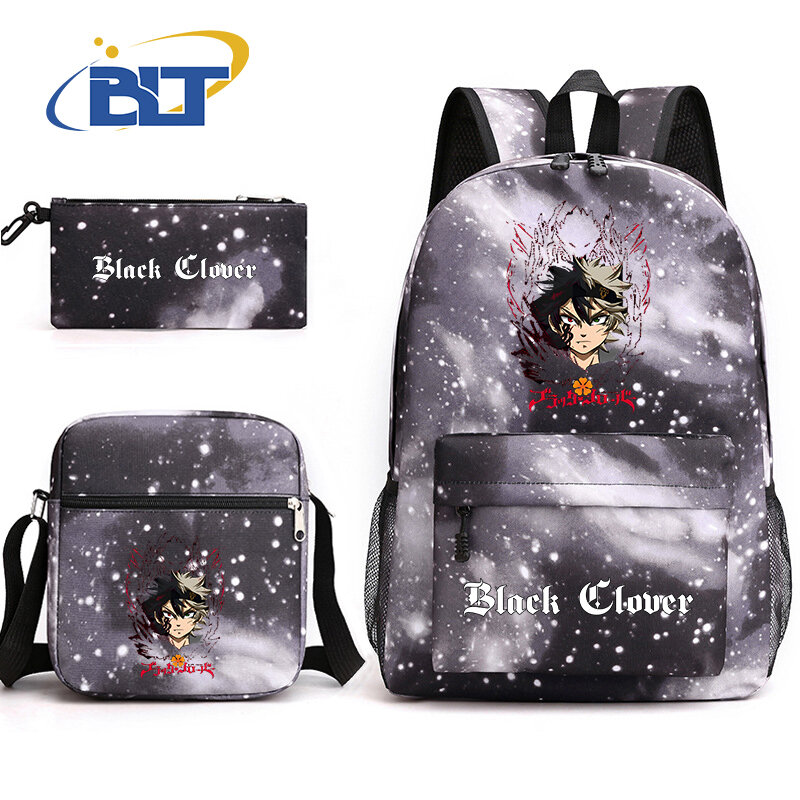 Рюкзак с рисунком черного клевера для молодых студентов, школьная сумка через плечо, Женский комплект из 3 предметов