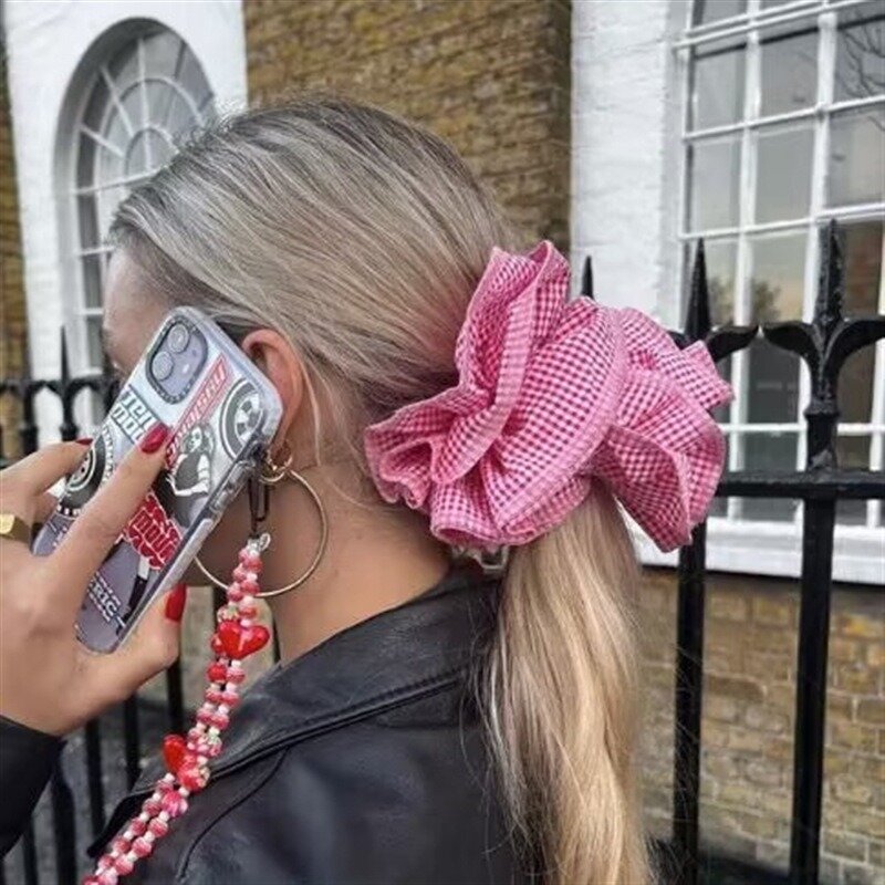 Exaggerated Colored Plaid Four-layer Ruffled Large Scrunchies 2024 Spring Summer Women Handmade Oversized Hair Band Headdress