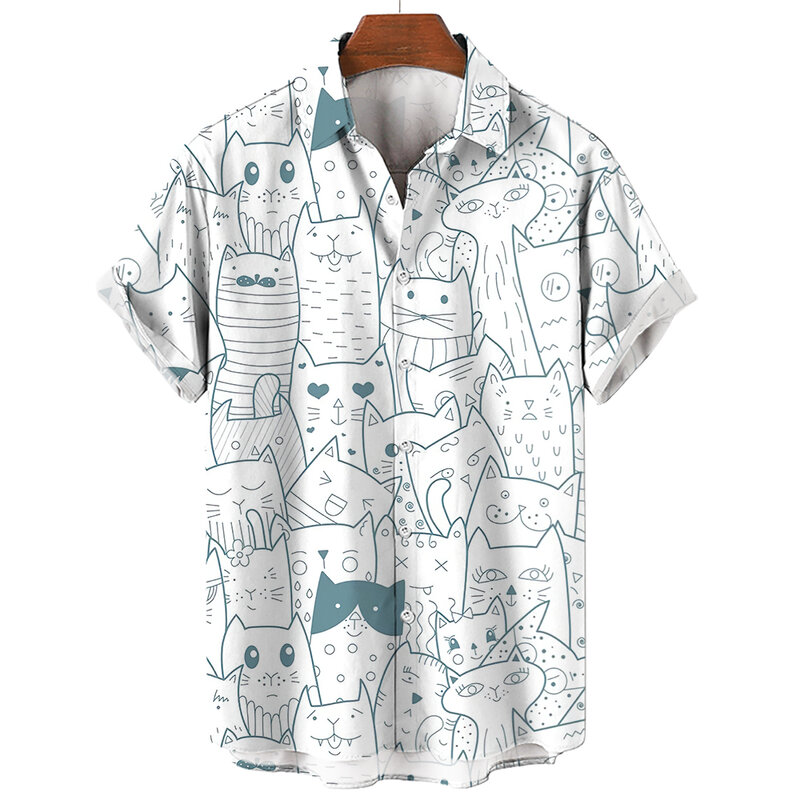 Męska hawajska koszula z nadrukiem 3D z krótkim rękawem słodki kociak Casual dla mężczyzn ubrania Vintage kwiecista bluzka Harajuku