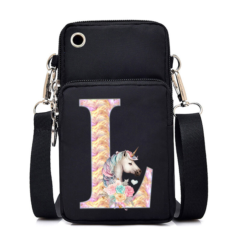 Tas selempang kecil wanita, kantung bahu 26 alfabet ponsel perempuan, dompet tas Messenger Kartun Unicorn