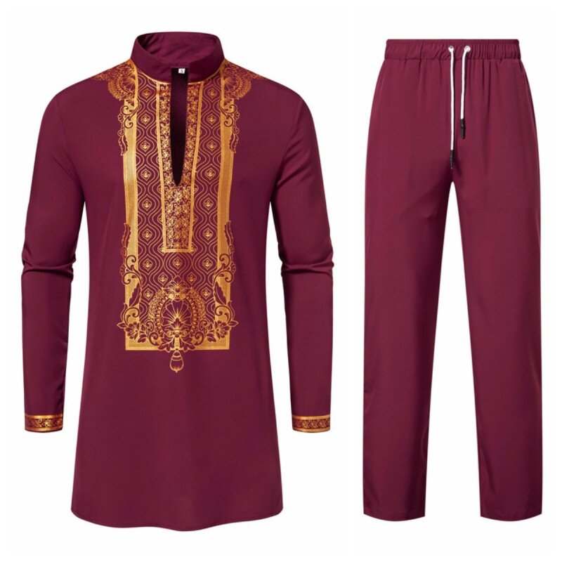 Fashion Muslim Shirts Suit National Style Standing Collar Long Sleeve Print Top Pant Set 2PCS Casual Mid-Length African Clothes