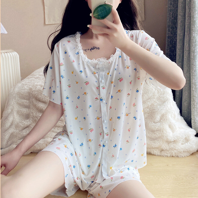 Женский пижамный комплект из 2 предметов, женская пижама из вискозы с круглым вырезом и коротким рукавом, Женская домашняя одежда