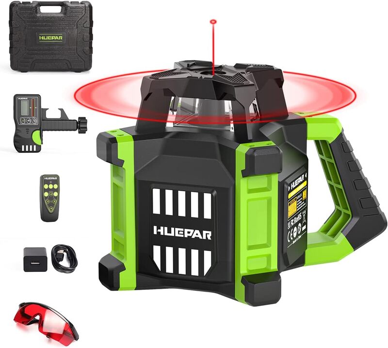 Huepar-Kit de Nível Laser Vermelho Rotativo Eletrônico, Auto-Nivelamento, 360 Raio Laser Horizontal, Rotação Interior e Exterior