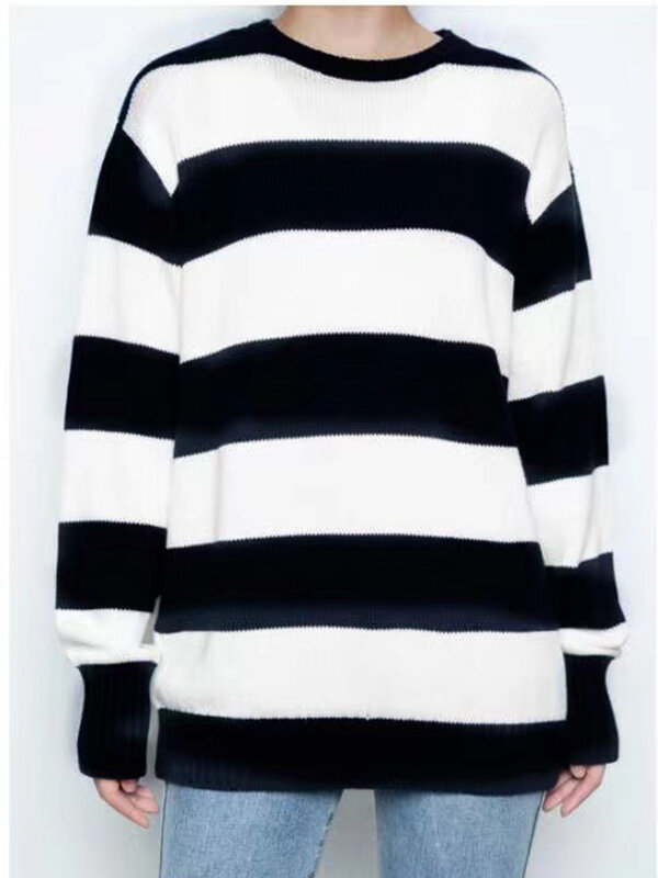 Vintage Striped Loose Knitted Sweater Women Cotton O-neck Preppy Style Casual Streetwear Pullover Tops Simple Chic Sweet Jumper